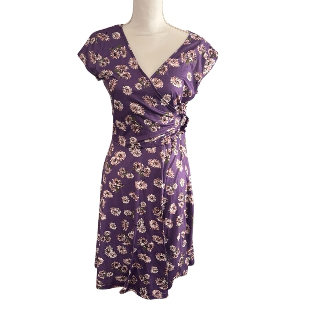 Oxiuly Women’s Purple Floral V-Neck Wrap Dress XL Short Sleeve Fit & Flare
